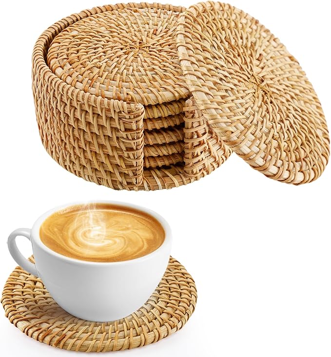 6pcs Natural Handmade Rattan Coasters with Holder - Wicker Drink Coasters Set for Protecting Table, Housewarming Gifts Boho Fall Home Decor