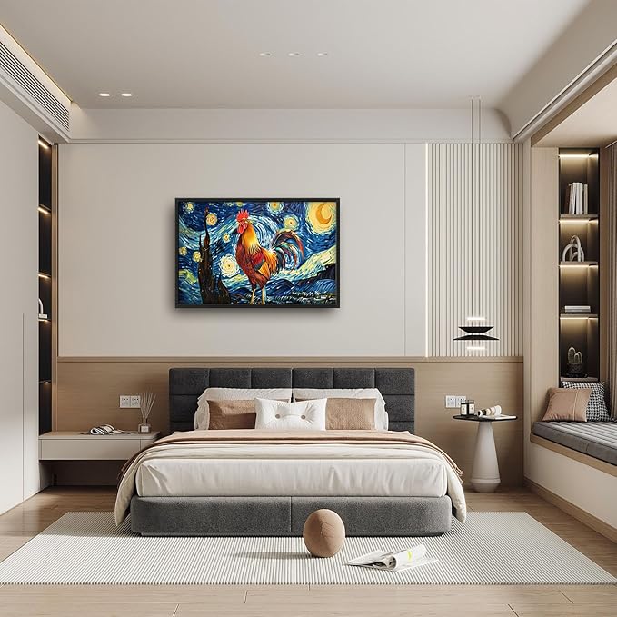 Flintis Large Rooster Wall Art Starry Sky Night Chicken Pictures Wall Decor Abstract Animal Canvas Painting Print Artwork Decoration Framed for Living Room Bathroom Master Bedroom Office 36L x 24W