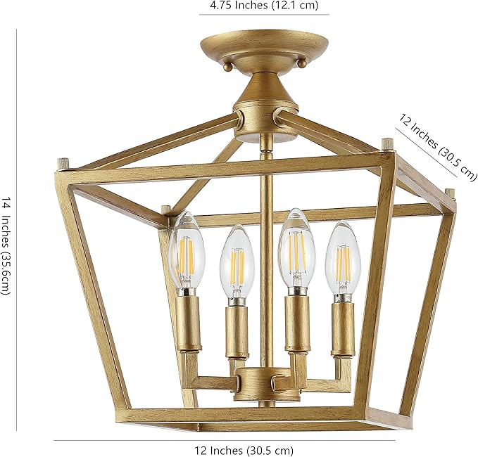 JONATHAN Y JYL7610B Plains Mini Lantern 12" 4-Light Iron Modern Farmhouse LED Flush Mount, Rustic, Industrial, Dimmable, 2700K Cozy Warm Light Kitchen, Hallway, Bathroom, Stairwell, Brass Gold
