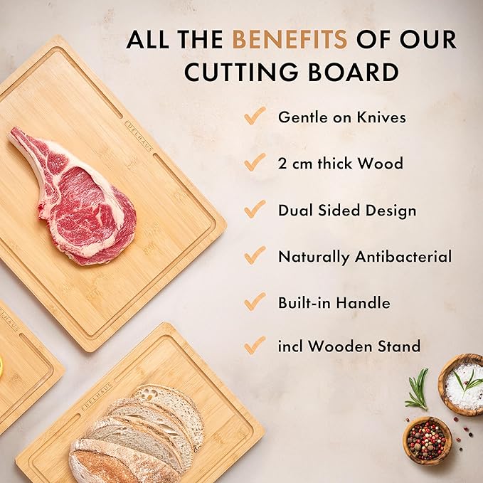 Bamboo Wooden Cutting Boards for Kitchen, Cutting Board Set of 3, Chopping Boards with Juice Groove for Meat, Cheese & Vegetables - Durable, Double sided wood cutting board with serving Compartments