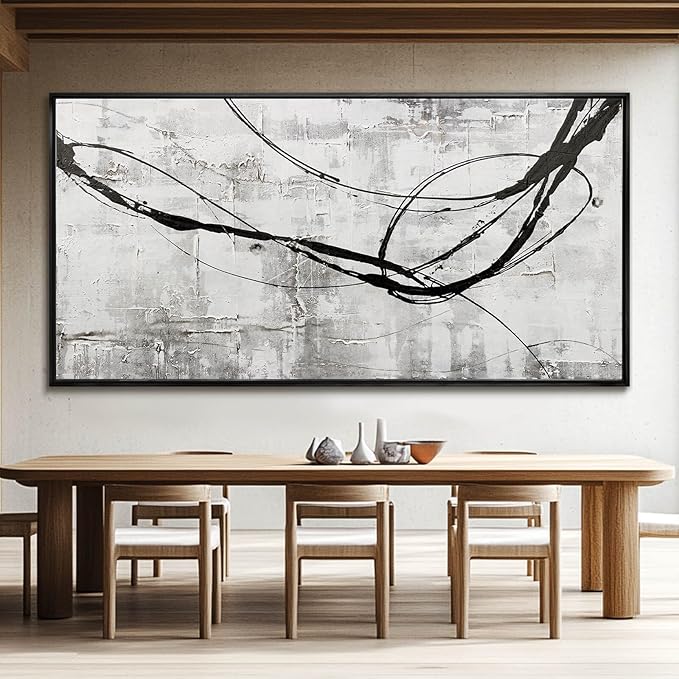 XIANSHOU Black Line Canvas Pictures Gray Decorative Painting 29"x58" Wood Wall Art Modern Art Prints Abstract Wall Art for Living Room Wall Pictures for Bedroom
