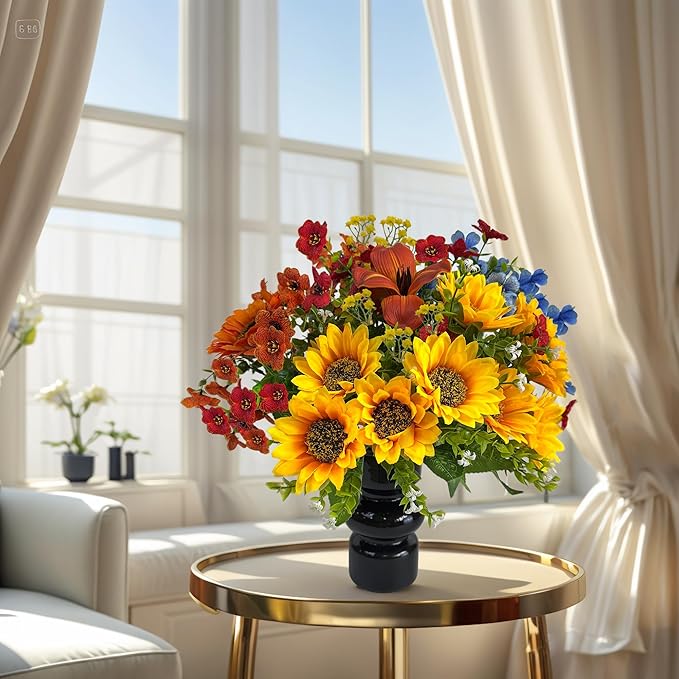 Fake Flowers with Vase, Sunflowers Artificial Flowers, Faux Flowers in Vase for Centerpiece Table Decorations, Fall Fake Plant Silk floral arrangements for Home Coffee Kitchen Dining Table Decor