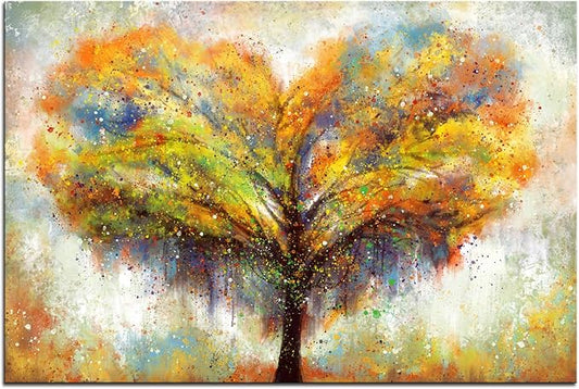 Biuteawal Tree Wall Art Love Heart-Shaped Tree Picture Orange Painting Prints Country Artwork Contemporary Home Farmhouse Living Room Bedroom Decoration Framed Ready to Hang