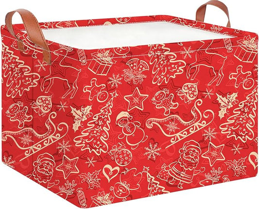 CLOCOR Rectangular Storage Basket Empty,Gift Basket,Waterproof Storage Bin with Handles,Room Decor(Red Christmas)