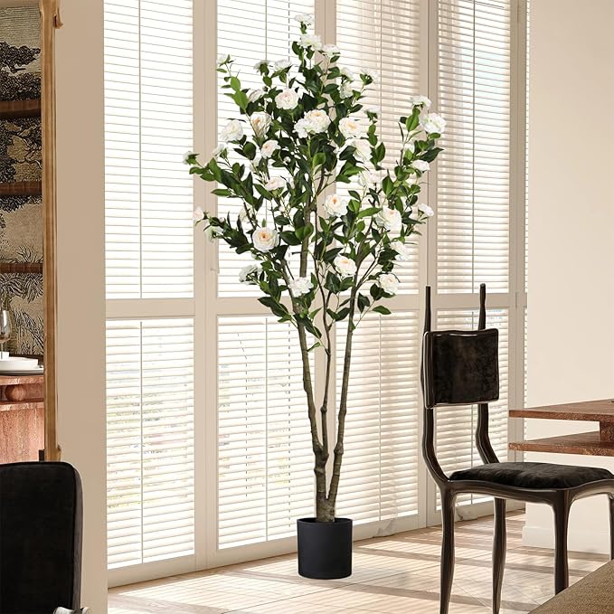 Faux Camellia Flower Tree 7ft(84in) Artificial Floor Plant for Indoor Decor Realistic Greenery Potted Tree with White Blooming Flowers and Natural Wood Trunk for Home Living Room,Office,Porch Decor
