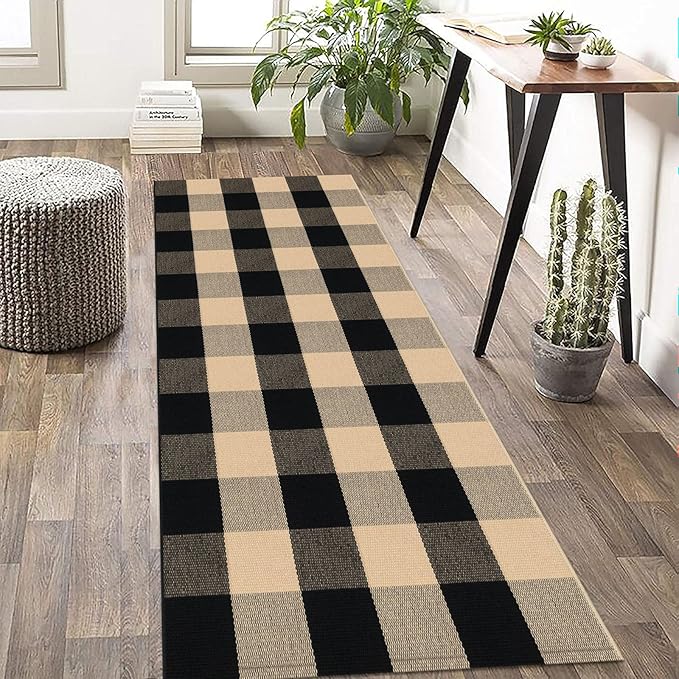 KOZYFLY Buffalo Plaid Area Rugs 2x4.3 Ft Brown and Black Checkered Rug Washable Front Door Mat Hand Woven Cotton Outdoor Rugs Small Rug for Front Porch Kitchen Entryway Patio Bathroom