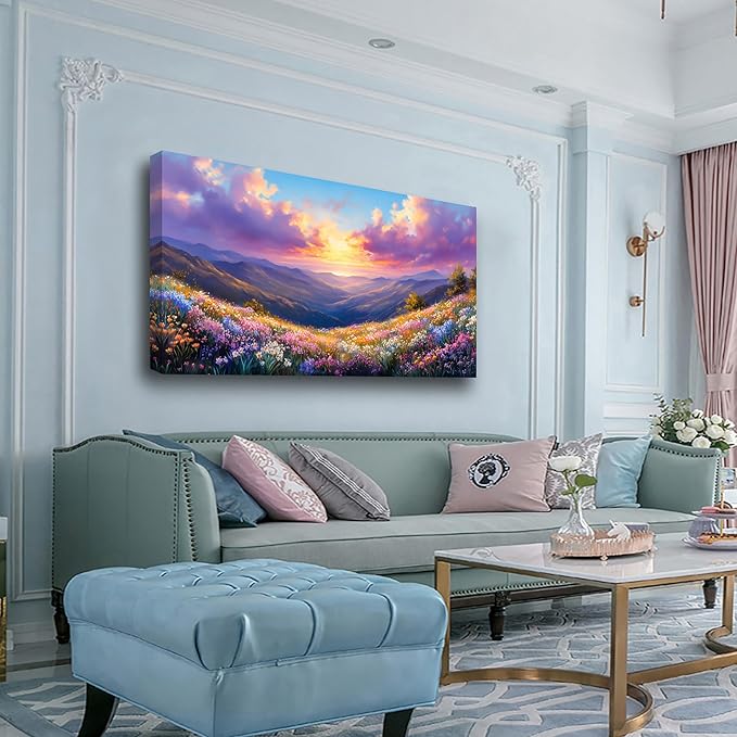 Purple Oil Painting Landscape Wall Art Bedroom Wall Decor Living Room,Purple Abstract Clouds Canvas Wall Art Office Artwork Modern Colorful Flowers Mountain Scenery Wall Art Prints Pictures 20 * 40in