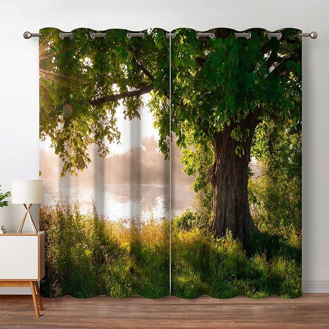 Jekeno Oak Tree Forest Blackout Curtains Jungle Nature Landscape Foggy Scenery Stream View Print Tree Decor for Bedroom Living Room Grommet Window Drapes 2 Panel Set, 42"x54"