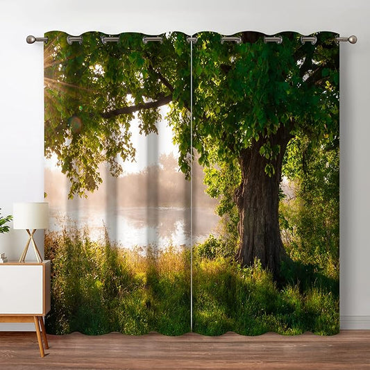Jekeno Oak Tree Forest Blackout Curtains Jungle Nature Landscape Foggy Scenery Stream View Print Tree Decor for Bedroom Living Room Grommet Window Drapes 2 Panel Set, 42"x54"