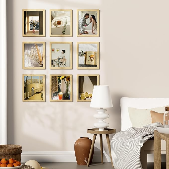 Vittanly 8x10 Picture Frames Set of 9, Shatter Resistant Plexiglass, Display 5x7 Pictures with Mat or 8x10 without Mat, Photo Frames for Wall or Tabletop, Engineered Wood, OAK