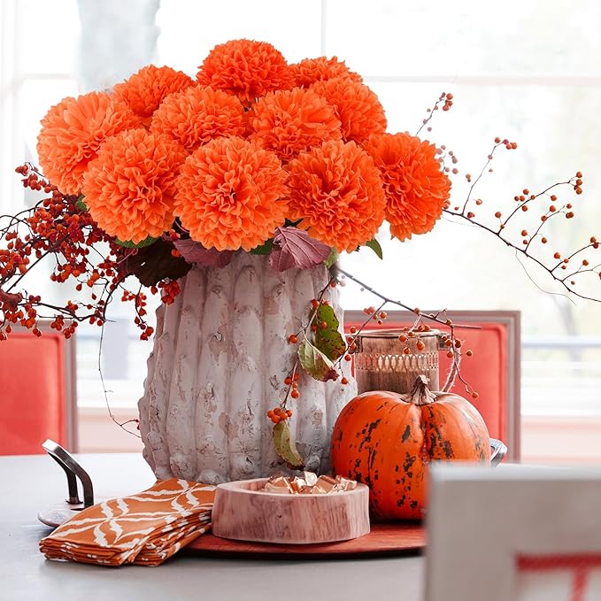 Hananona 12 Pcs Artificial Chrysanthemums Flowers Marigolds Ball Flower, Orange Fake Mums Silk Fall Flowers for Autumn Dia de Los Muertos Home Decor Day of The Dead Table Centerpiece (12, Orange)