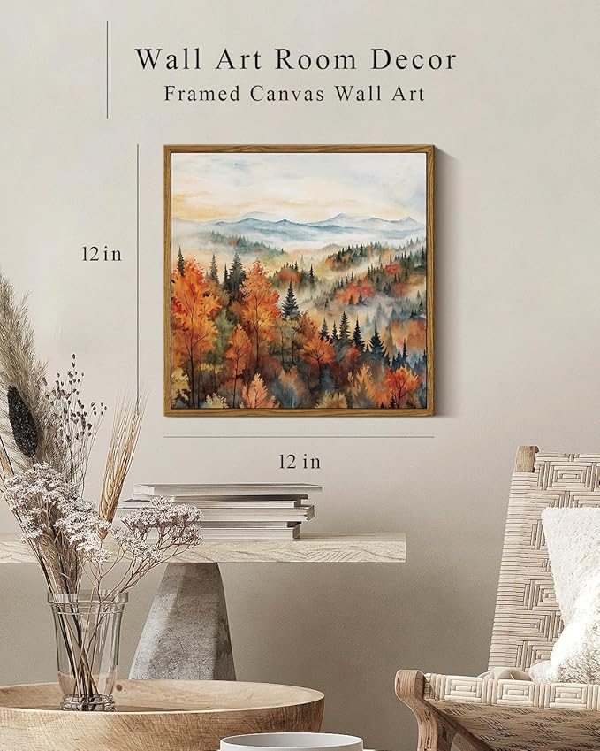 InSimSea Square Framed Canvas Wall Art, Autumn Prints Classical Landscape Pine Forest In The Morning Mist, Fall Home Wall Decor for Living Room, Bedroom, Bathroom, Office 12"x12"