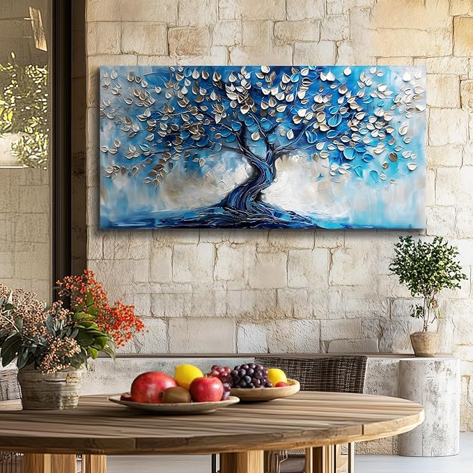 crmotu Tree of Life Large Wall Art for Living Room, Blue Tree Canvas Decor Paintings Abstract Art Prints, Neutral Navy Blue Pictures Wall Decor for Bedroom Bathroom Office Modern Home Decor 30"X60"