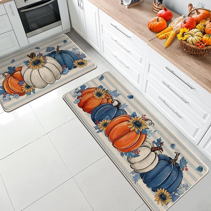 Fall Blue White Pumpkin Kitchen Rugs Set of 2, Autumn Sunflower Stripes Kitchen Mats Decor, Thanksgiving Seasonal Floor Door Mat Home Decorations - 17x29 and 17x47 Inch