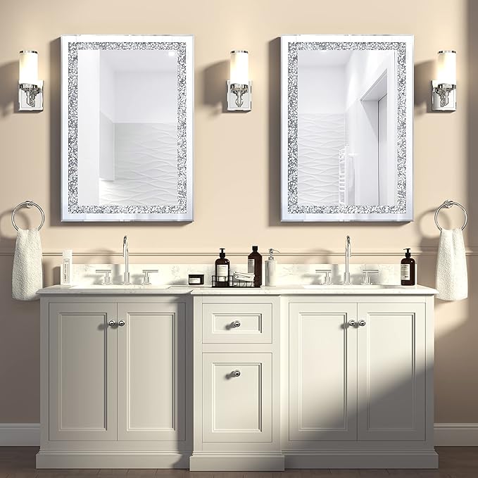 Crystal Decorative Mirror-28 x20 Rectangle Gorgeous Silver Mirror, Crush Diamond Mirror for Wall Decoration Bedroom, Hallway, Dining Room