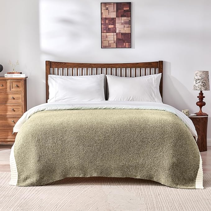 CozeCube Melange Blanket, Ultra Soft Olive Green and White Throw Blanket, Warm Cozy Knit Fuzzy Plush Reversible Throw for Couch Bed Sofa, 60"x80"