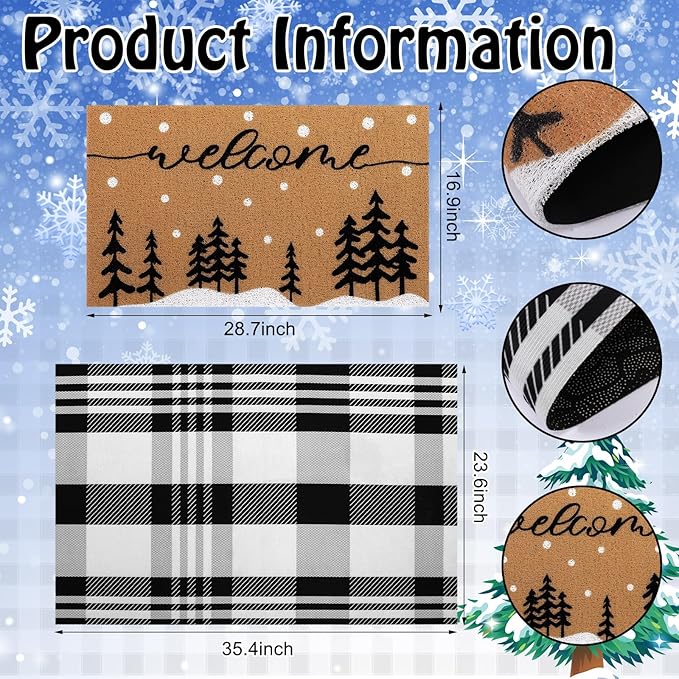 2 Pcs Door Mat Welcome Non Slip Coir Mats Floor Layering Doormats Seasonal for Front Porch Entryway Decor(Snowy Tree)
