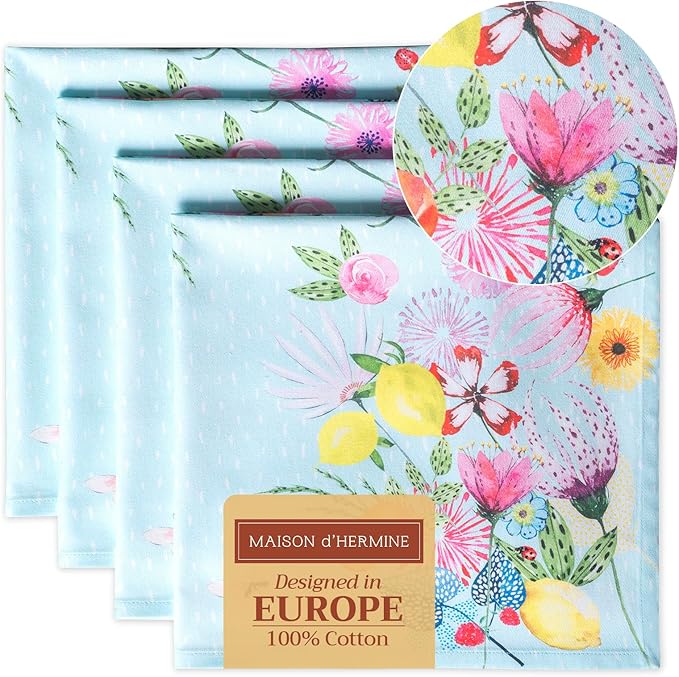 Maison d' Hermine Cloth Napkins Set of 4 100% Cotton Everyday Reusable Square Napkins Cloth Washable, Dinner, Party, Wedding, Restaurant, Spring/Summer (Jardin D'Ete - Mint, 20" x 20")