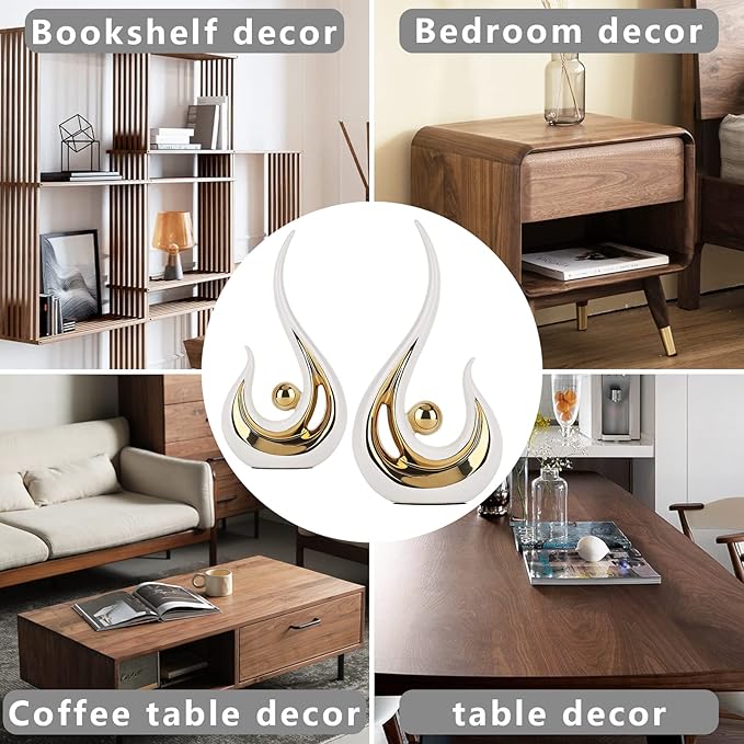 LCCCK White Gold Abstract Figurine Statues for Home Decor – Modern Ceramic Sculpture Accent, Decorative Statues for Living Room, Shelf, TV Stand, Office or Coffee Table Centerpiece Art Decoration