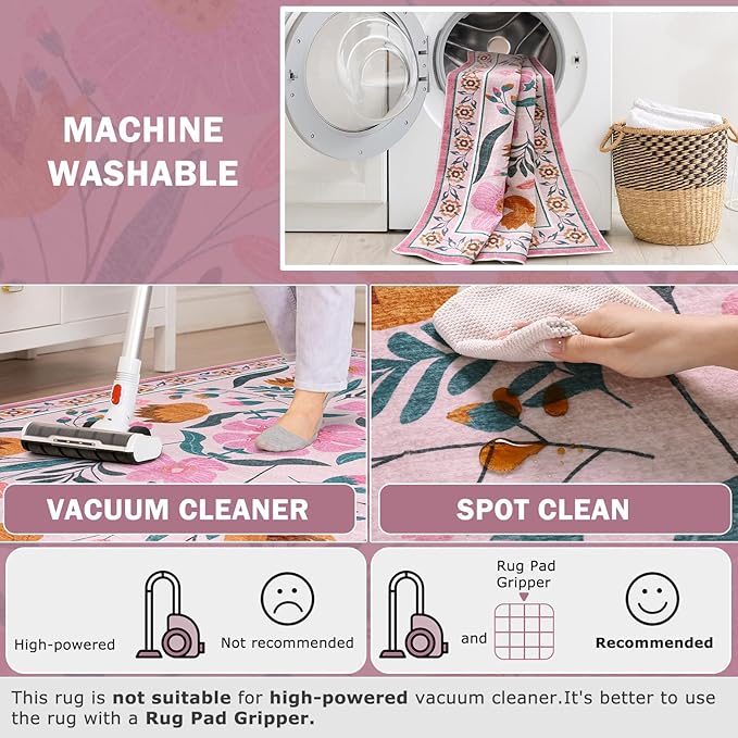 Beeiva Pink Rug 8 x 10 Rug for Living Room, Soft Washable Area Rugs Ultra Thin with Low Plie, Flower Large Non Slip Throw Carpet for Bedroom Nursery Playroom Classroom Décor (Pink,8'x10)