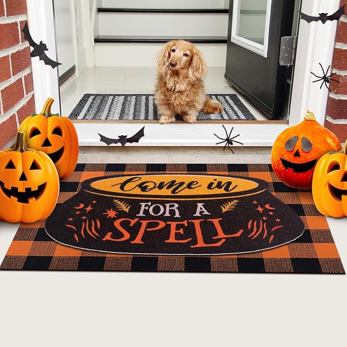 2 Pcs Door Mat Welcome Non Slip Coir Mats Floor Layering Doormats Seasonal for Front Porch Entryway Decor(Come in for A Spell)