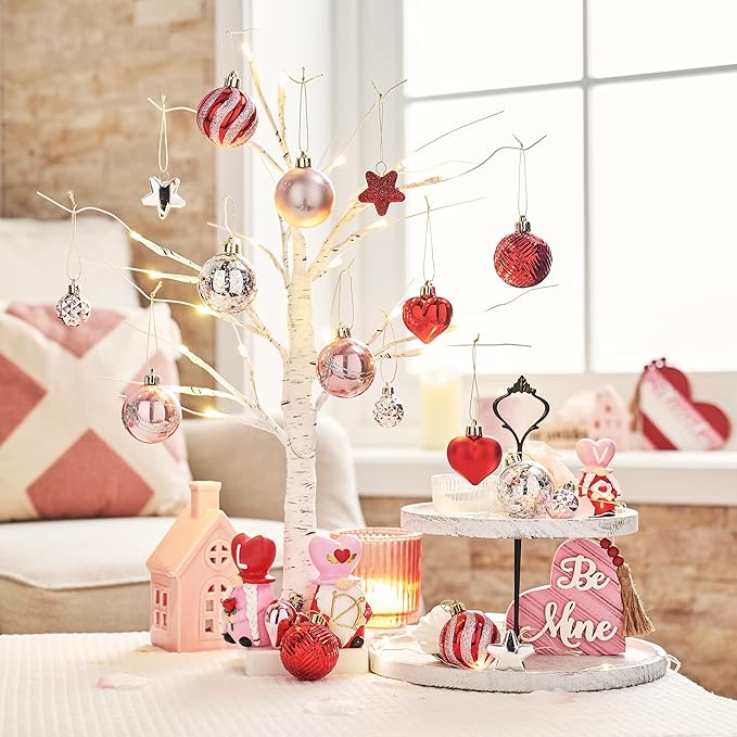 Valery Madelyn 28Pcs Valentines Heart Shaped Ornaments Gift Pack, Spring Easter Craft Painted Tree Heart Decorations, Pink Red Silver Christmas Baubles Hanging Party Wedding Anniversary Decor