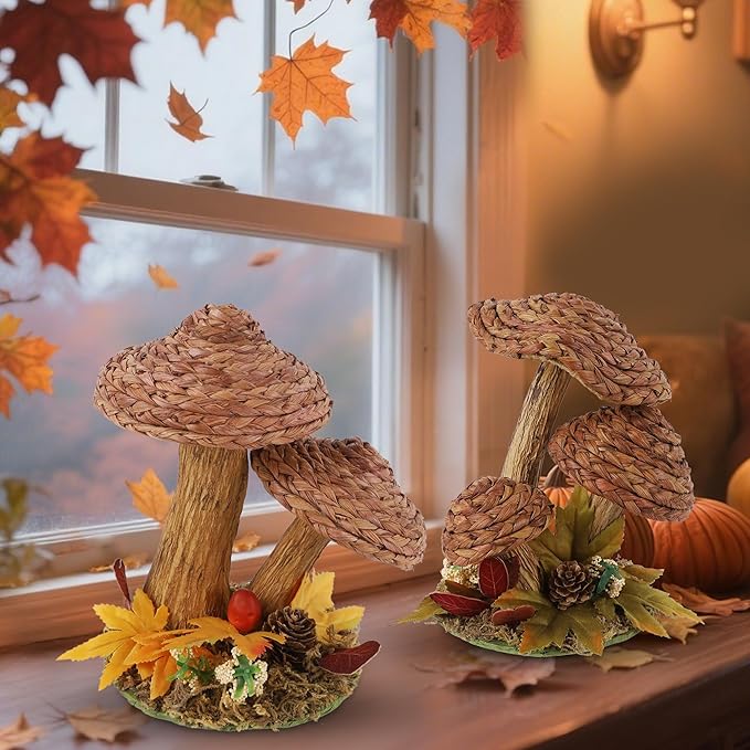 winemana 2 Pack Mushroom Fall Decor - Handmade Woven Mushrooms Figurines, Rustic Farmhouse Table Centerpieces for Thanksgiving, Autumn Home, Shelf & Kitchen Decor