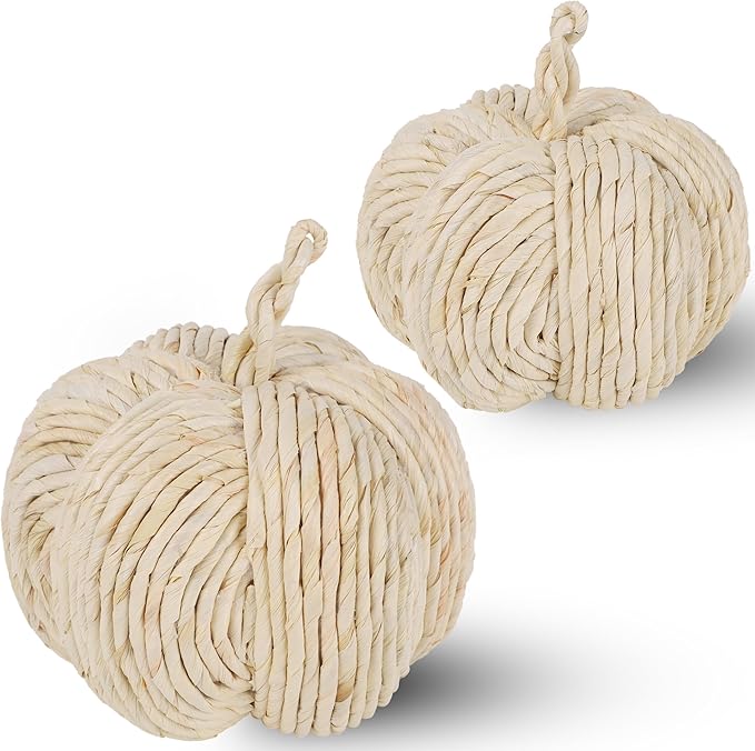 winemana 2 Pack Woven Pumpkin Decor - Fall & Thanksgiving Home Decorations, White Pumpkins Farmhouse Autumn Centerpieces for Table, Mantel, Porch Decor (Cattail Material, Assorted Size)