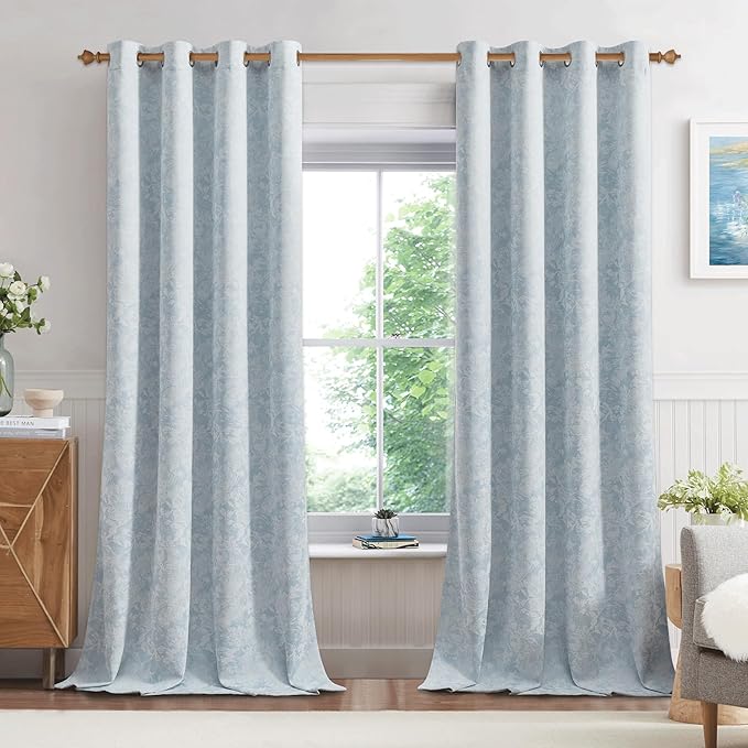 Beauoop Blue Floral Jacquard Blackout Curtains 90 Inches Long 2 Panels for Bedroom Living Room Chenille Flower Room Darkening Thermal Insulated Soundproof Grommet Window Treatments Drapes, 52x90