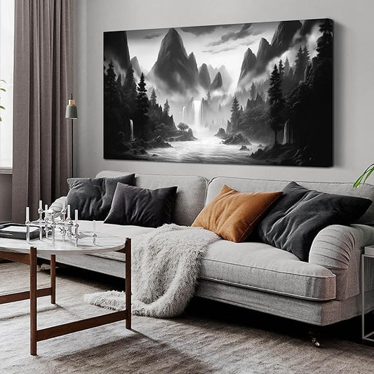 Mountain Pictures for Living Room Black and White Canvas Wall Art for Office Forest Wall Decor for Bedroom Size 29" x 58"