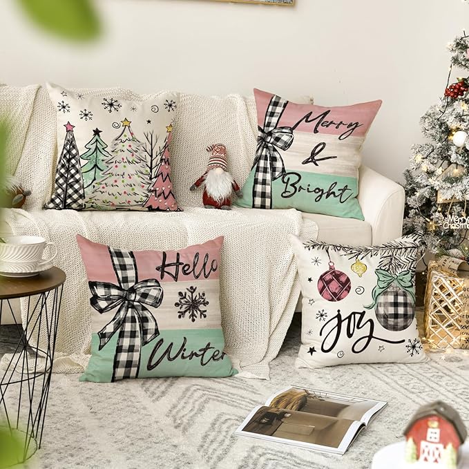 AVOIN colorlife Merry Christmas Joy Xmas Trees Colorful Throw Pillow Covers, 18 x 18 Inch Christmas Winter Holiday Cushion Case Decoration for Sofa Couch Set of 4