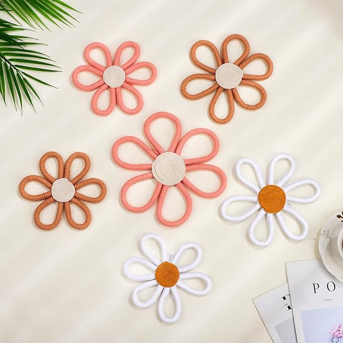 Barydat 6 Pcs Boho Nursery Decor Daisy Flower Woven Macrame Wall Hanging 3 Size Daisy Flower Wall Decor Bohemian Nursery Decorations for Home Dorm Art(Pink, Brown, White)
