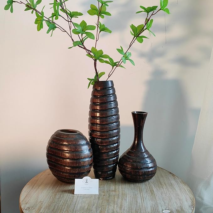 Hosley's Set of 3 Carved Wood Vases Small 6" Medium 8" and Tall 12" High. Ideal Gift for Floral Arrangements Wedding and Use for Home Office Decor Fireplace Floor Vases Spa Aromatherapy Settings