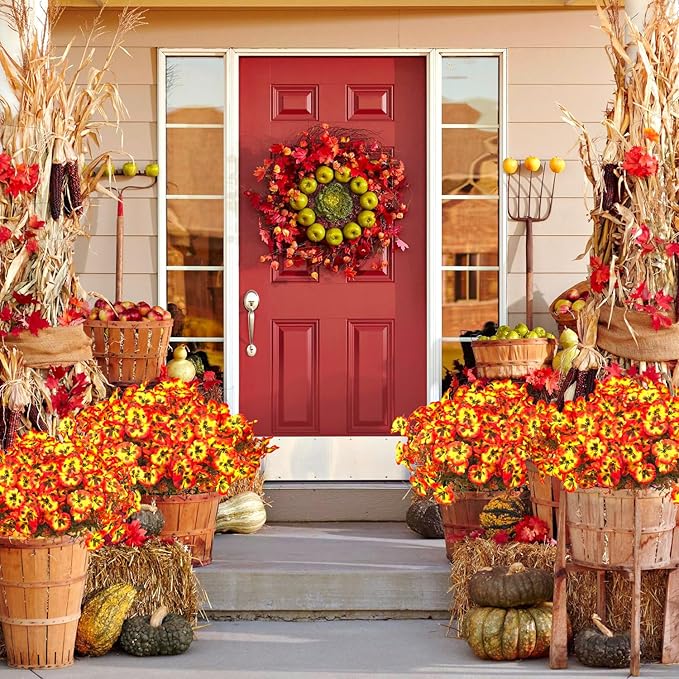 12 Bundles Artificial Flowers Outdoor Fake Fall Flowers for Outside Decoration UV Resistant Plastic Faux Plants for Garden Window Porch Balcony Fall Wedding Thanksgiving Decor