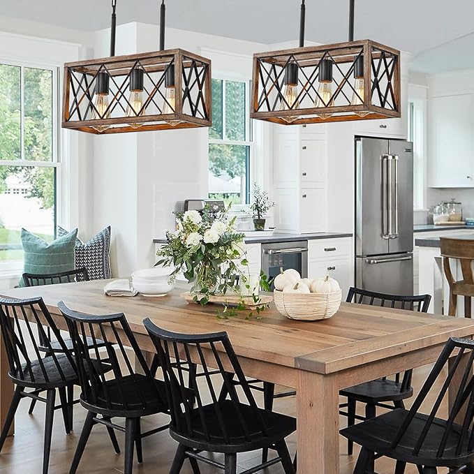 Farmhouse Light Fixtures,3-Light Dining Room Light Fixture,Industrial Metal Kitchen Pendant Lighting Over Island, Chandelier for Dining Table Kitchen Sink, Wood Grain Finish.