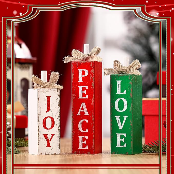 3 Pcs Christmas Tiered Tray Decor Christmas Tabletop Decor Rustic Farmhouse Wooden Table Block Sign and Centerpieces Joy Peace Love Sign for Xmas Home Shelf Kitchen Decorations