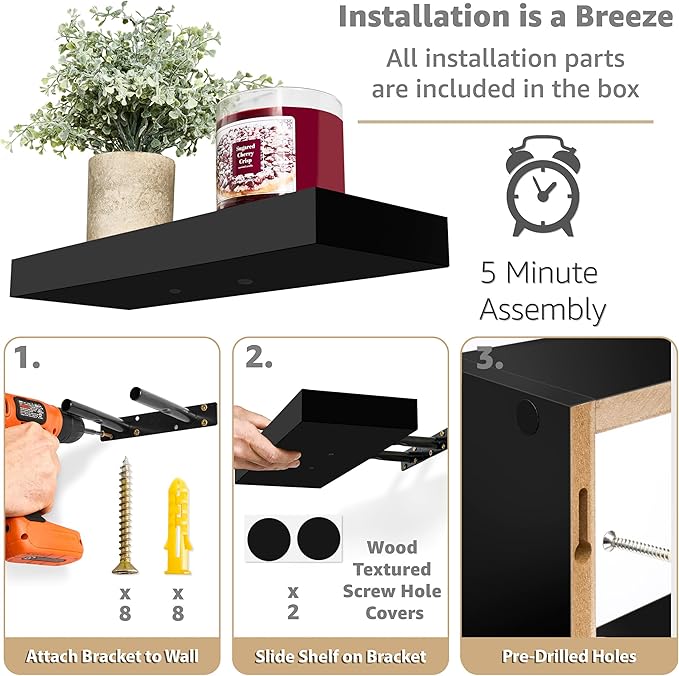 Sorbus Floating Shelves for Wall Set of 3 - Bathroom Shelves for Wall Storage, Over Toilet, Bedroom, Farmhouse, Decor - 2 Floating Shelves with Invisible Brackets & 1 Rectangular Box, Black