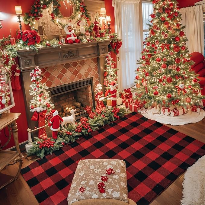 SEEKSEE Cotton Buffalo Plaid Rug 4'x6' Black and Red Checked Rug Washable Doormats Indoor Outdoor Rugs for Layered Front Door Mats, Porch, Kitchen, Farmhouse, Entryway