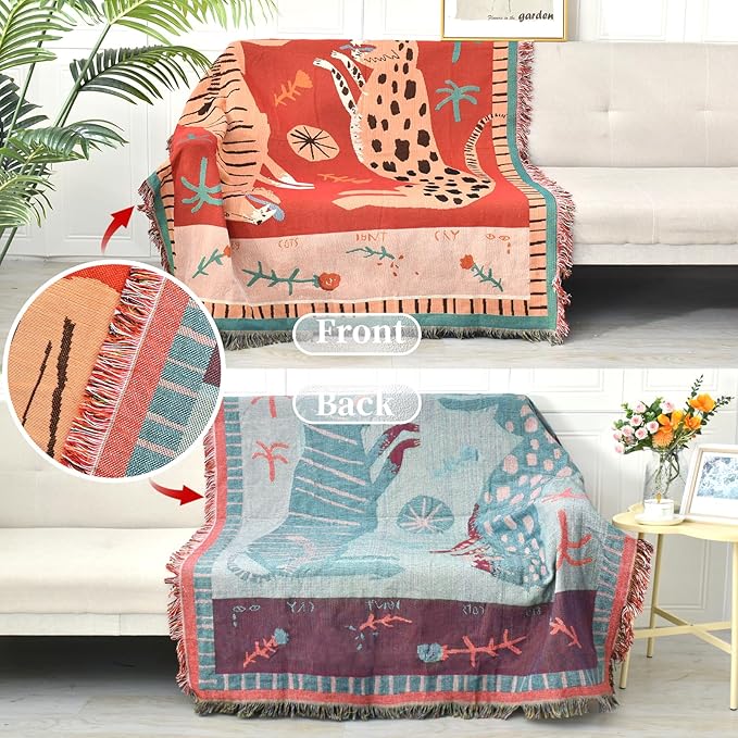 Boho Throw Blanket Reversible Cotton Bohemian Tapestry Hippie Room Decor Outdoor Blanket Double Sided (Boho Leopard 50"x60")