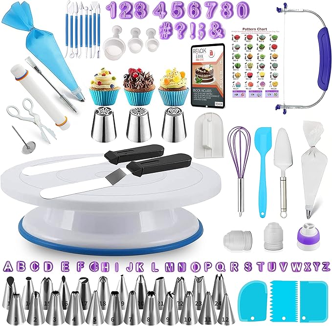 RFAQK 230PCs Cake Decorating Supplies Kit, Cake Decorating Set with Cake Turntable, Piping Bags and Tips, Modeling Tools, Cookie Plunger Cutters, Icing Smoother & Other Accessories for Cake Decoration