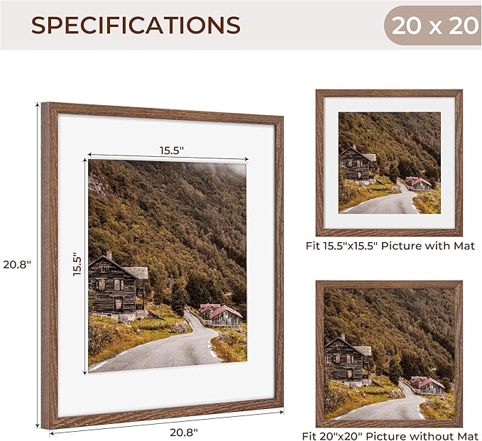 20x20 Picture Frame, Solid Oak Wood 20 by 20 Frame, Square Picture Frame 20 x 20 with mat for 16 x 16, 20x20 Wood Frame for Home Decor, 20 x 20 Poster Frame, Tempered Glass, Walnut Color, 1 Pack