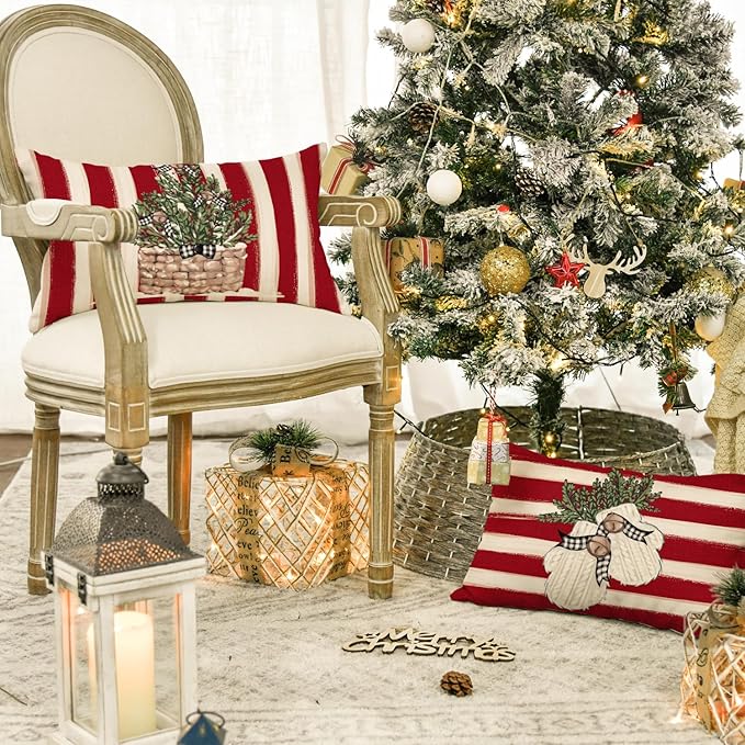 AVOIN colorlife Christmas Snowman Reindeer Gloves Eucalyptus Red Throw Pillow Covers, 12 x 20 Inch Winter Holiday Stripes Cushion Case Decoration for Sofa Couch Set of 4