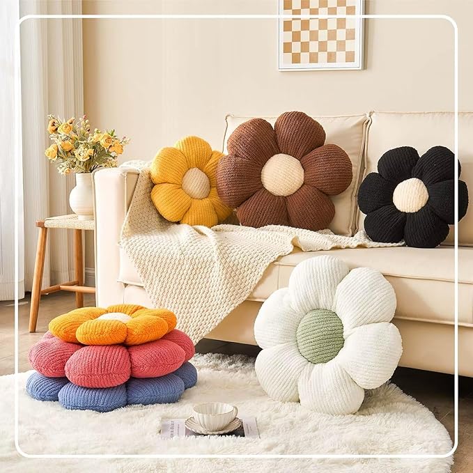 Flower Throw Pillow, Soft White Green 17.7" Shaped Floor Pillow for Home Decor, Cute Aesthetic Plush Decorative Pillows for Bed, Sofa, Couch