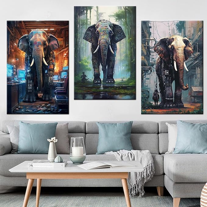 3 Pieces Abstract Animal Canvas Wall Art Home Decor Large Posters Upright Cyberpunk Giant Machine Elephants Painting Picture Artwork for Living Room Gym Workplace Stretched and Framed [60''W x 28''H]
