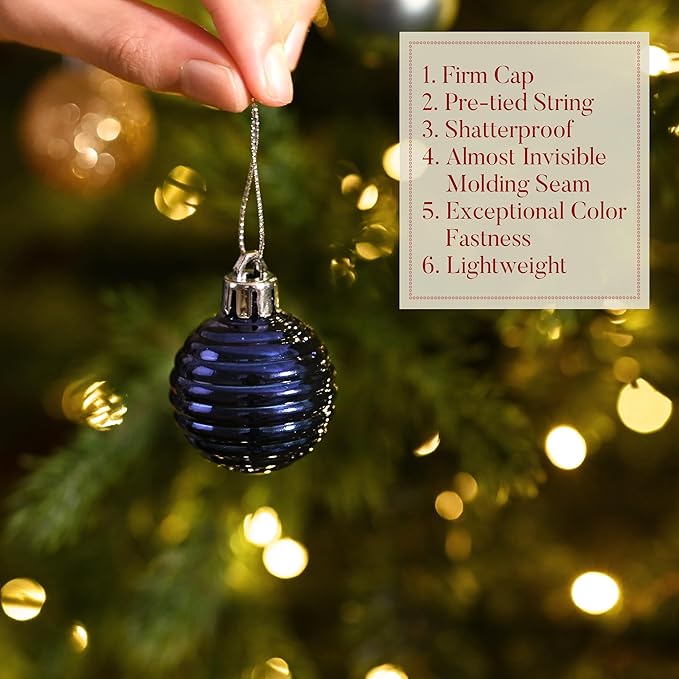Valery Madelyn 1.57 Inches Small Christmas Tree Decorations Ornament Set for 4th of July Fall Halloween, 24ct Blue and Gold Shatterproof Hanging Ball Ornaments Holiday Party Decor