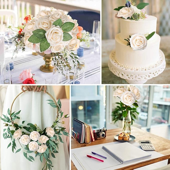 AmyHomie Artificial Flower Champagne Rose 25pcs Real Looking Fake Roses w/Stem for DIY Wedding Bouquets Centerpieces Arrangements Party Baby Shower Home Decorations