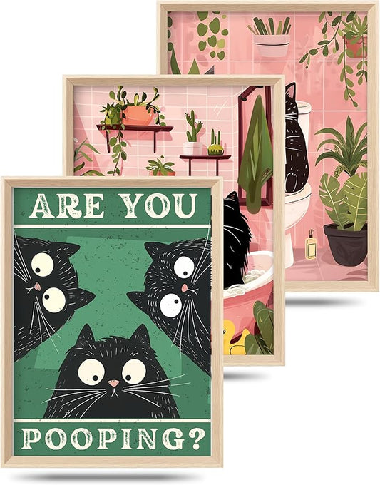 UPWOIGH Funny Cat Bathroom Wall Art, 12"x16" Wood Framed Canvas Decor, Are You Pooping? Black Cat Poster Set of 3, Cute Reading and Bathing Humor Prints for Kids Room Bedroom, Fun Gift Idea
