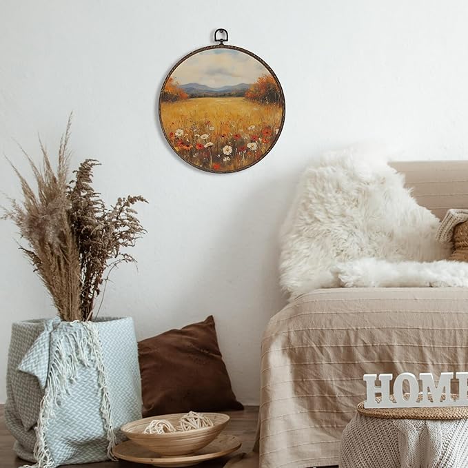 XNXLDYLH Vintage Fall Wildflower Round Framed Wall Art Decor, Rustic Farmhouse Harvest Hanging Wall Decor Decorations, Autumn Fall Floral Landscape Canvas Prints Wall Art Pictures Paintings, 10x10Inch