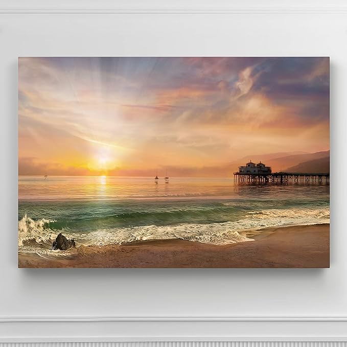 Renditions Gallery Canvas Nature Art Prints Evening Sunset at Calm Sandy Beach Wall Hanging Artwork for Bedroom Office Home Decorations - 32"X48" LT08