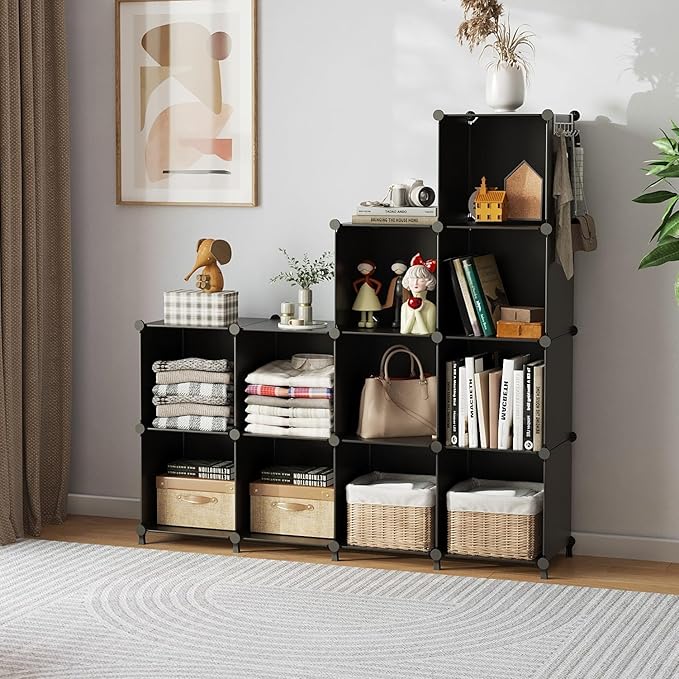 AWTATOS Cube Storage Organizer Closet Storage Shelves DIY Stackable Plastic Storage 12 Cube Bookshelf, Ideal Storage Organizer for Closet, Home, Bedroom, Black